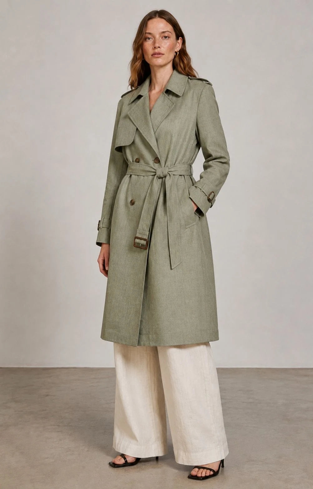 Sagebrush Linen Double-Breasted Trench Coat