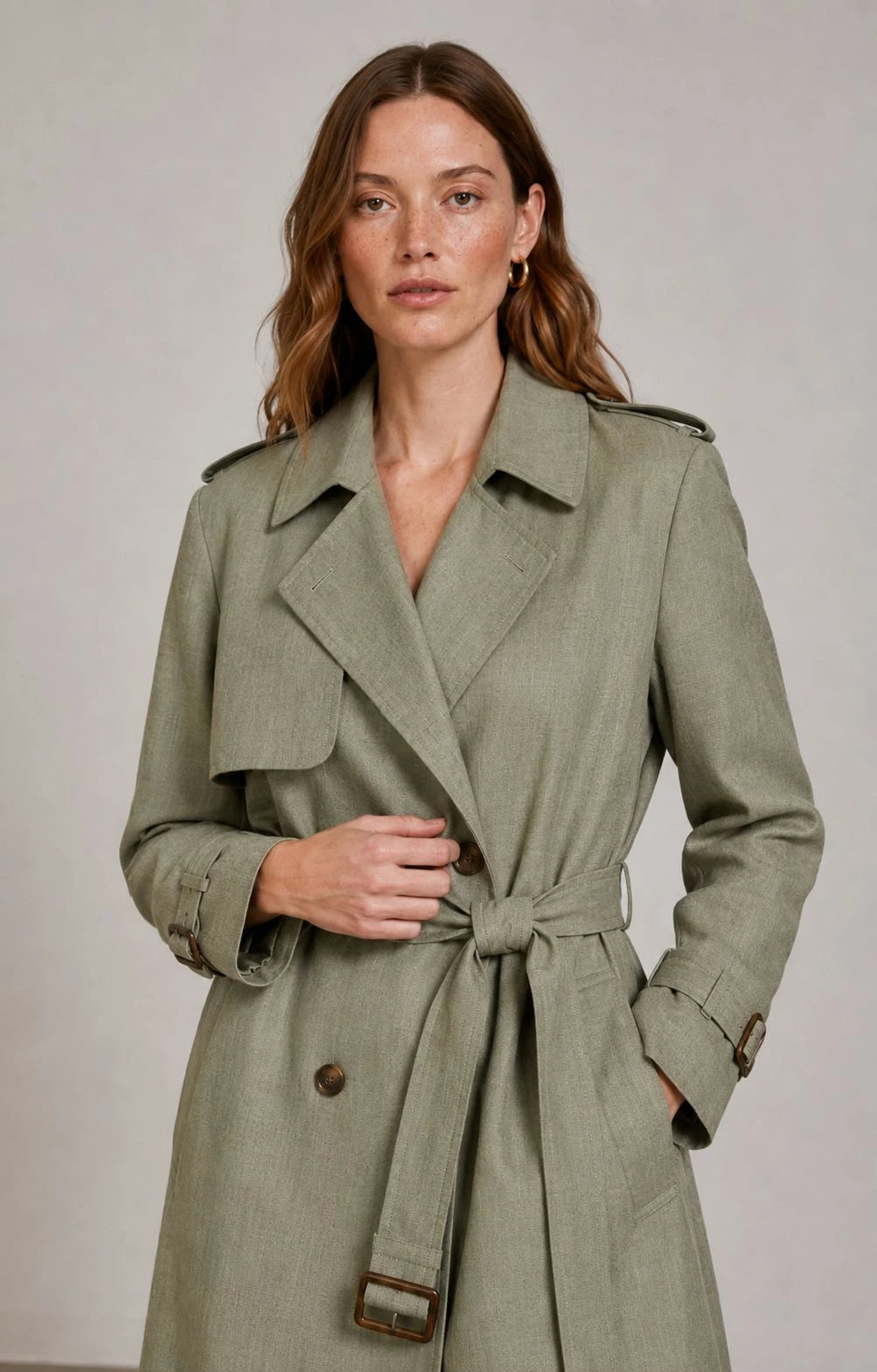 Sagebrush Linen Double-Breasted Trench Coat