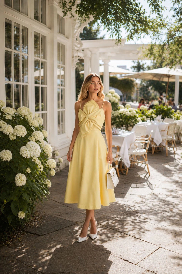 Butter Yellow Crepe Bow-Front Midi Dress
