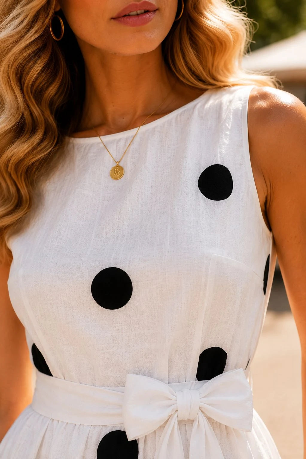 White Black Polka Dot Linen Midi Dress