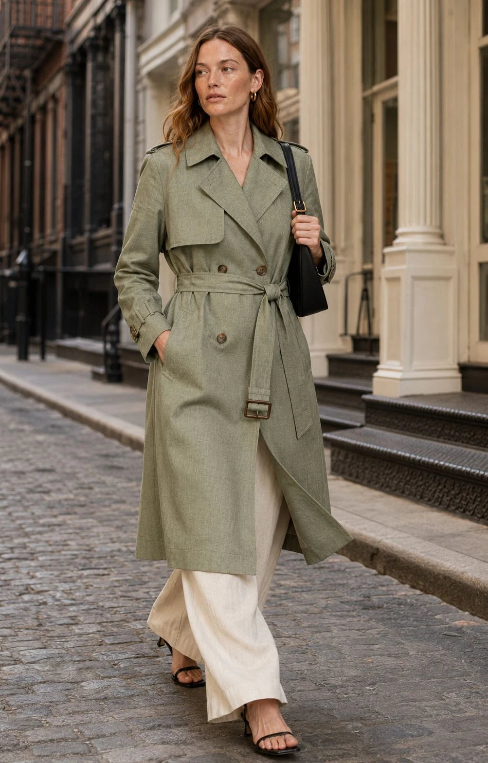 Sagebrush Linen Double-Breasted Trench Coat