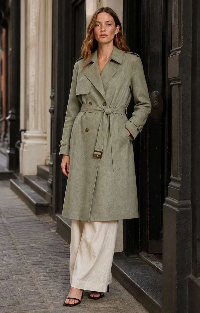 Sagebrush Linen Double-Breasted Trench Coat