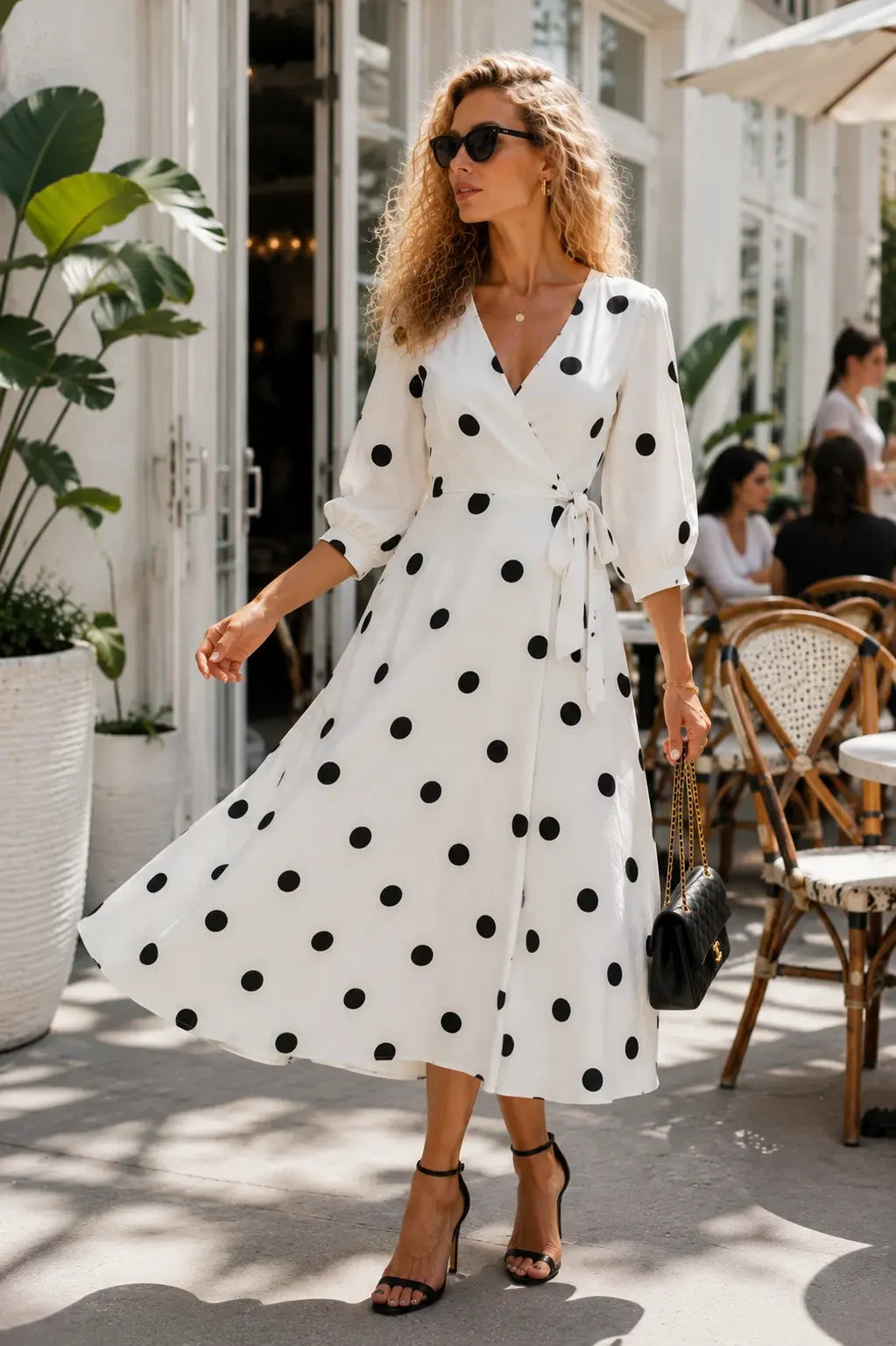 Bari White Black Polka Dot Linen Wrap Midi Dress