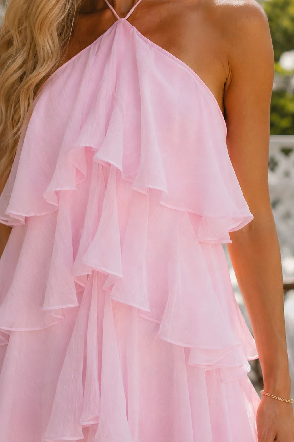 Baby Pink Chiffon Tiered Halter Maxi Dress