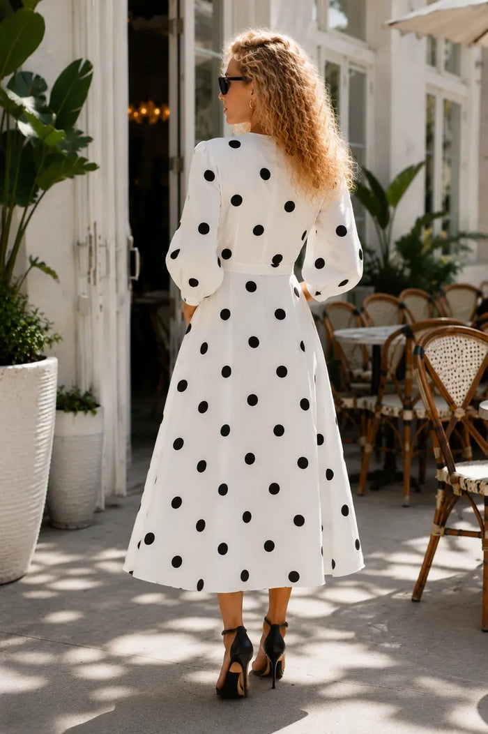Bari White Black Polka Dot Linen Wrap Midi Dress lifestyle