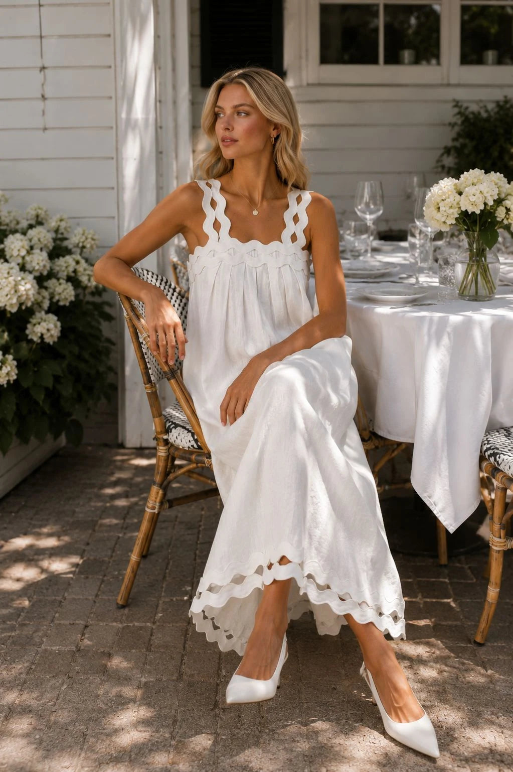Adige Linen Scallop-Trim Midi Dress