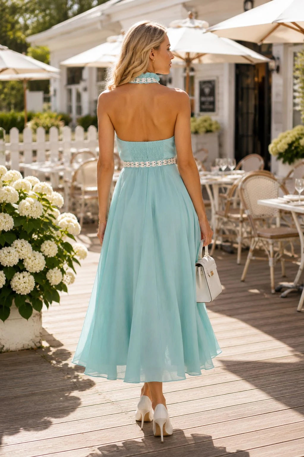 Aqua Blue Crepe Halter Midi Dress