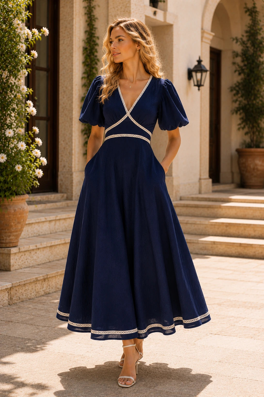Ischia Linen Lace Trim Midi Dress