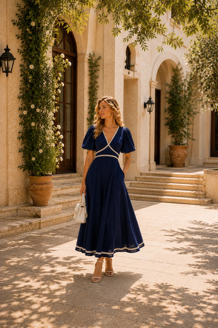 Ischia Linen Lace Trim Midi Dress