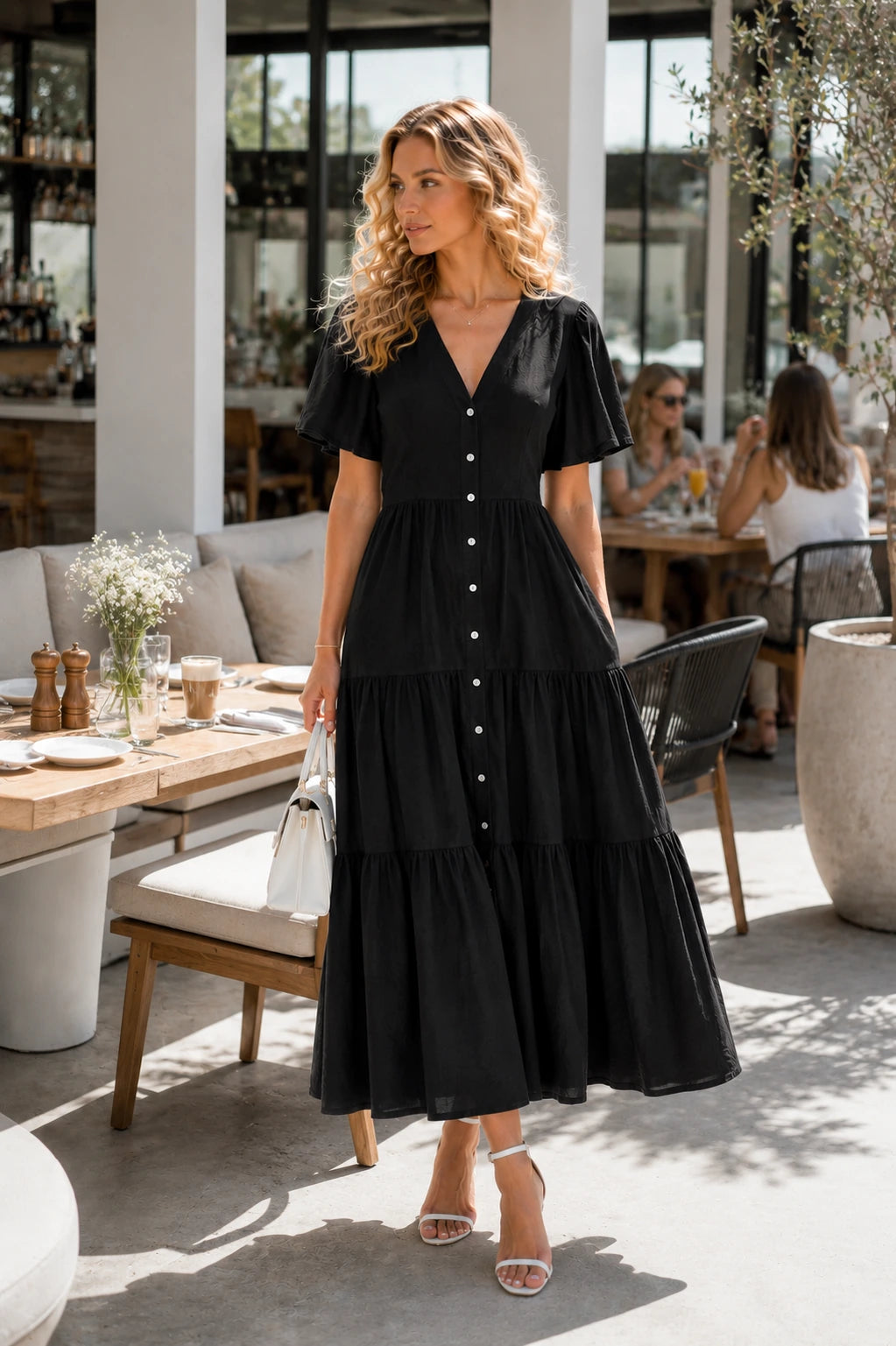 Procida Linen Tiered Button-Down Midi Dress