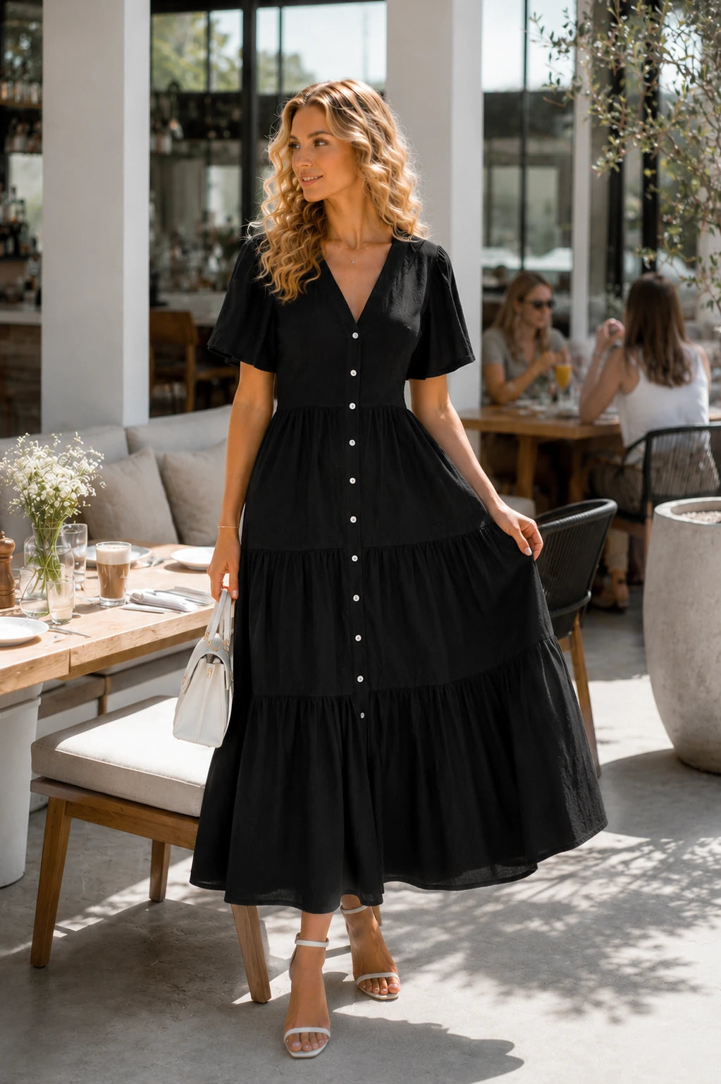 Procida Linen Tiered Button-Down Midi Dress