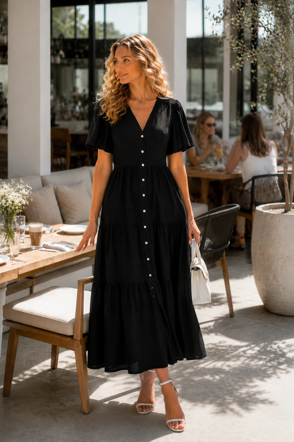 Procida Linen Tiered Button-Down Midi Dress