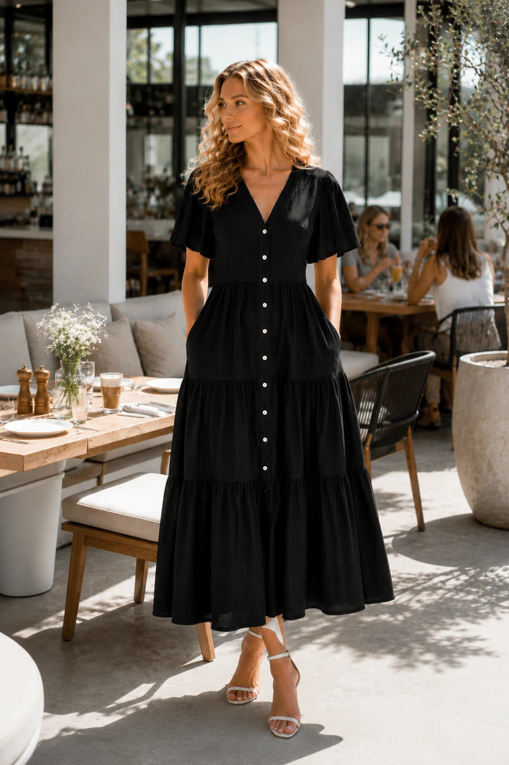 Procida Linen Tiered Button-Down Midi Dress