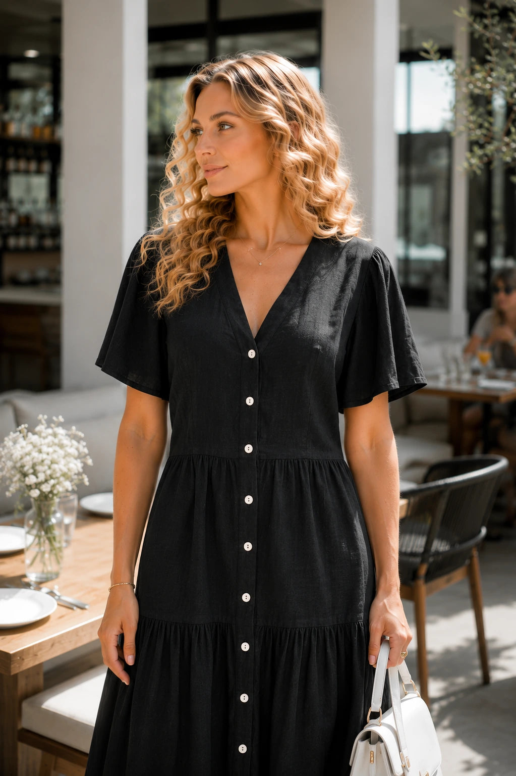 Procida Linen Tiered Button-Down Midi Dress