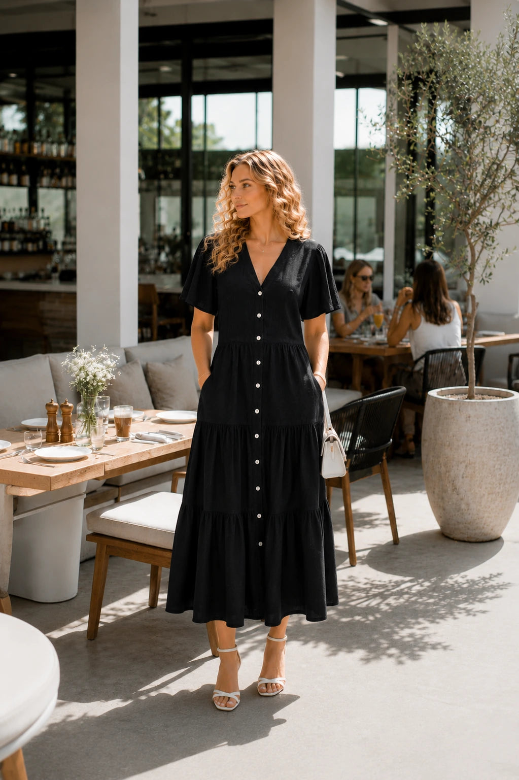 Procida Linen Tiered Button-Down Midi Dress