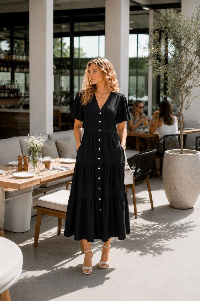Abito midi in lino nero con bottoni – Abito a strati dalla vestibilità comoda per donna