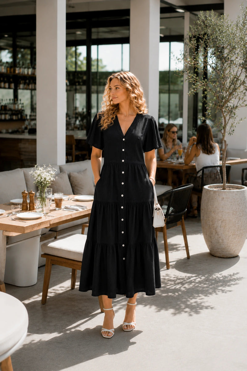 Procida Linen Tiered Button-Down Midi Dress
