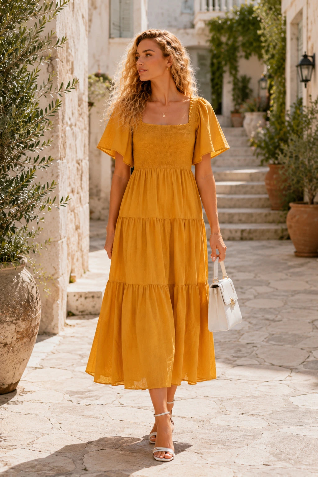 Puglia Linen Smocked Midi Dress