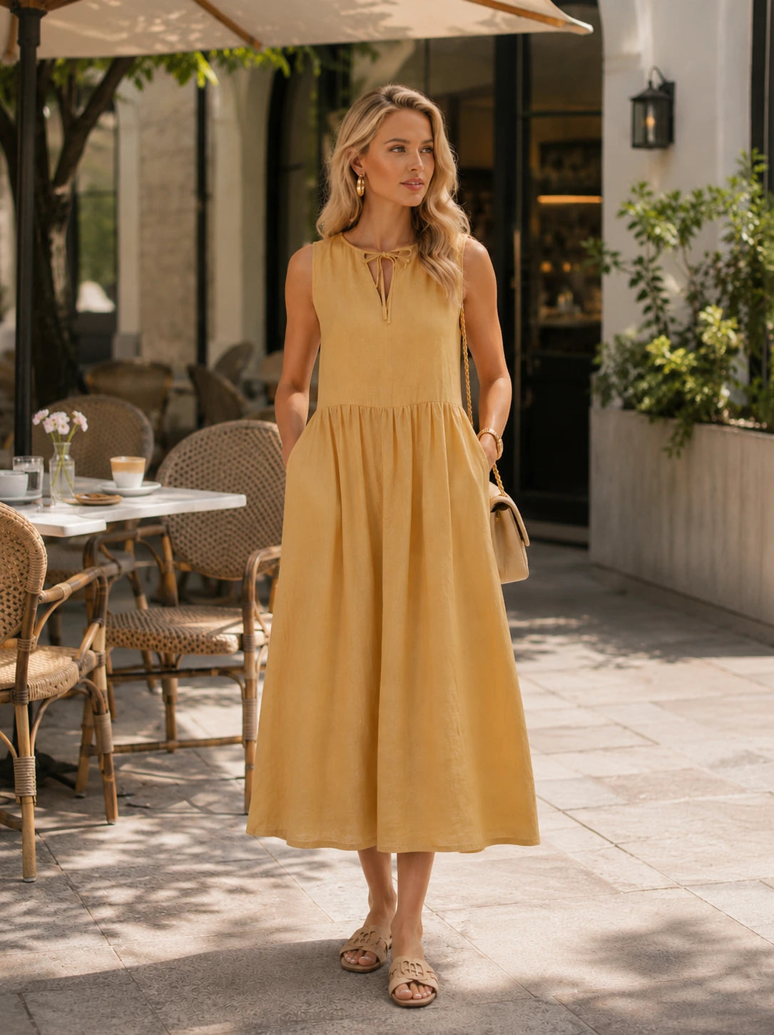 Gaeta Linen Tie-Neck Maxi Dress
