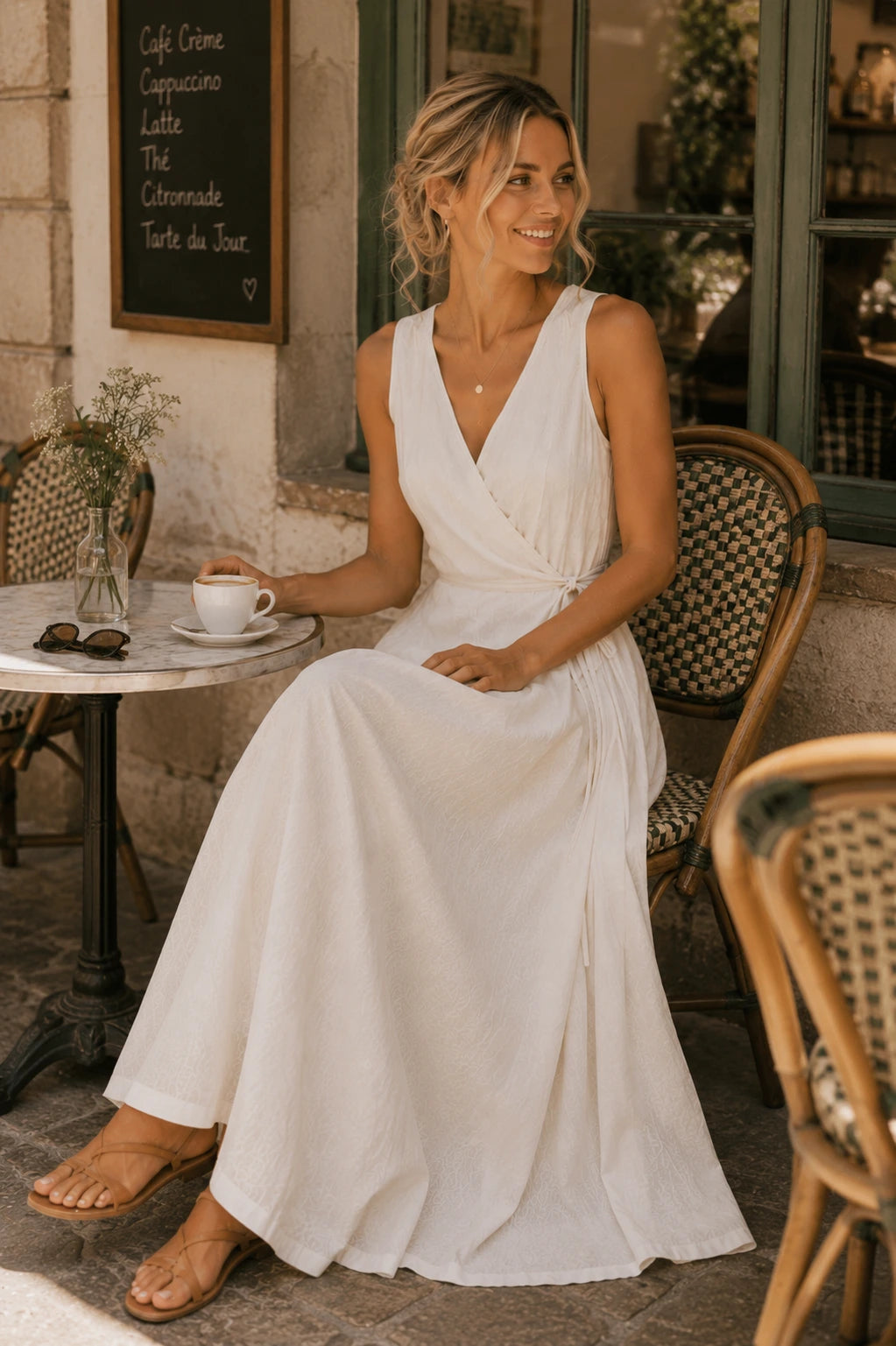 linen wrap maxi dress /// Khaki French Linen V-Neck Sleeveless Wrap Dress With Tie Waist For Women Summer Vacation Elegant Maxi Dress, Women's, Size: Large, Beige