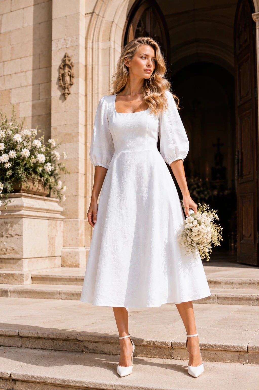 Capua Linen Puff Sleeve Midi Dress