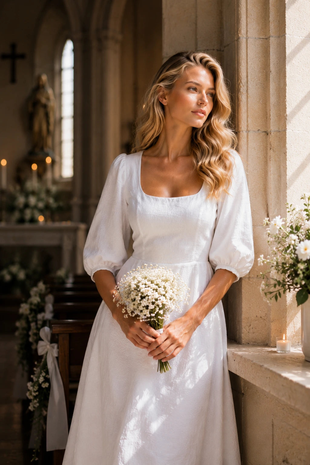 Capua Linen Puff Sleeve Midi Dress
