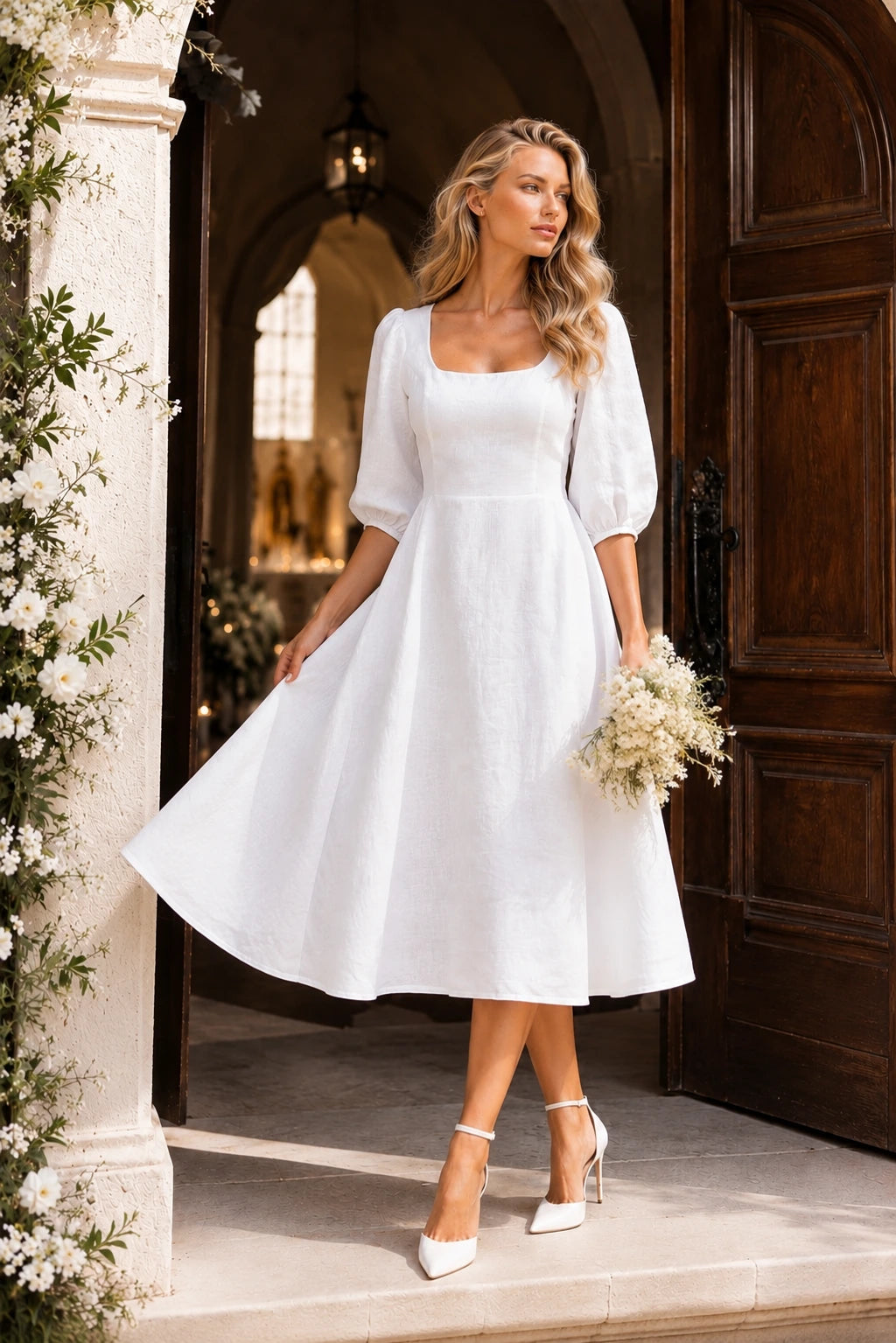 Capua Linen Puff Sleeve Midi Dress