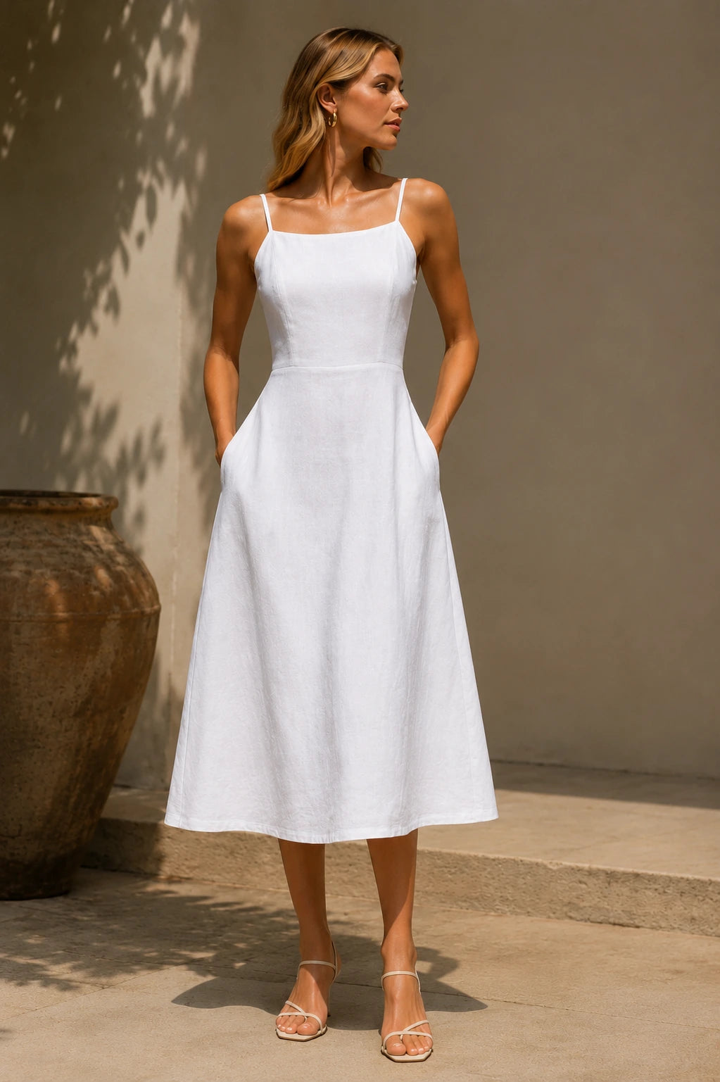linen square neck maxi dress Square Neckline A-Line Maxi Linen Blend Dress - MEDIUM / White