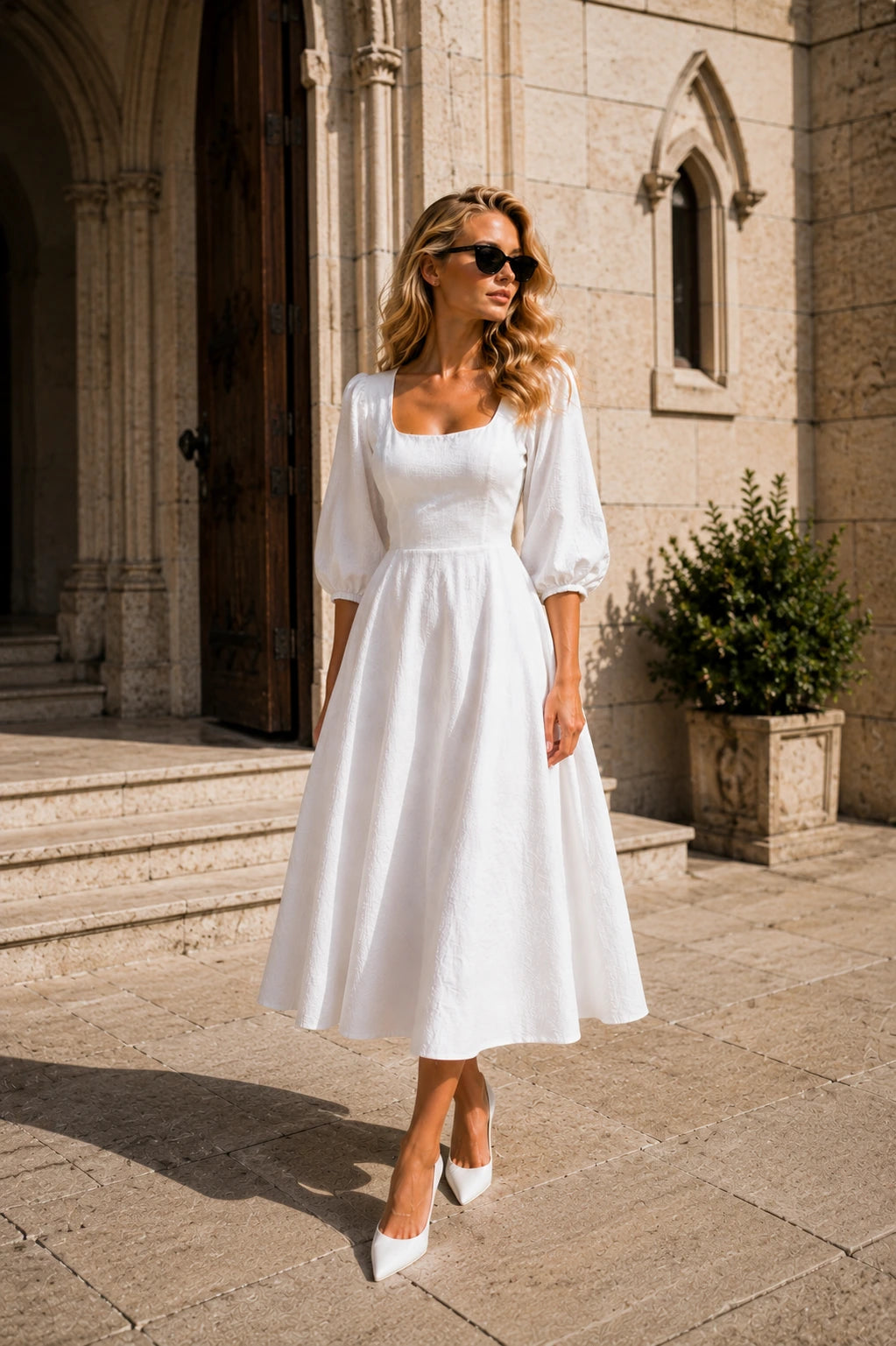 Capua Linen Puff Sleeve Midi Dress