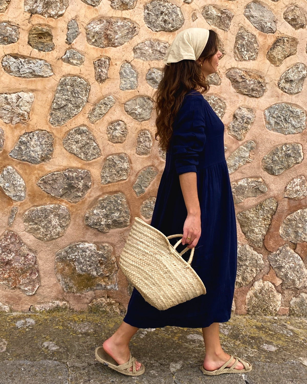 Navy Blue Linen Long Sleeve Midi Dress