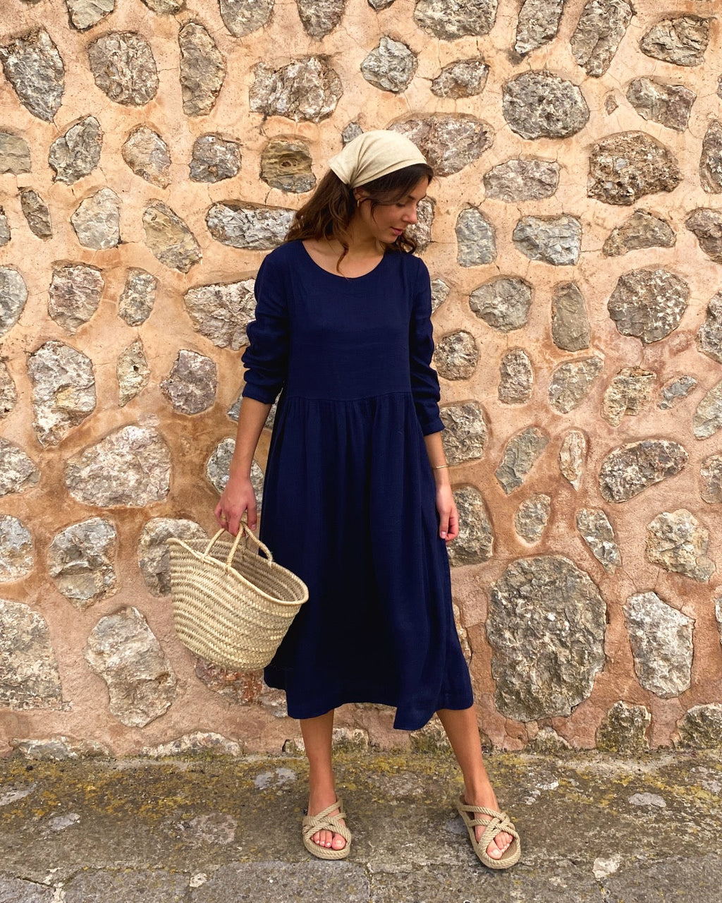 Navy Blue Linen Long Sleeve Midi Dress