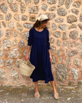 Navy Blue Linen Long Sleeve Midi Dress