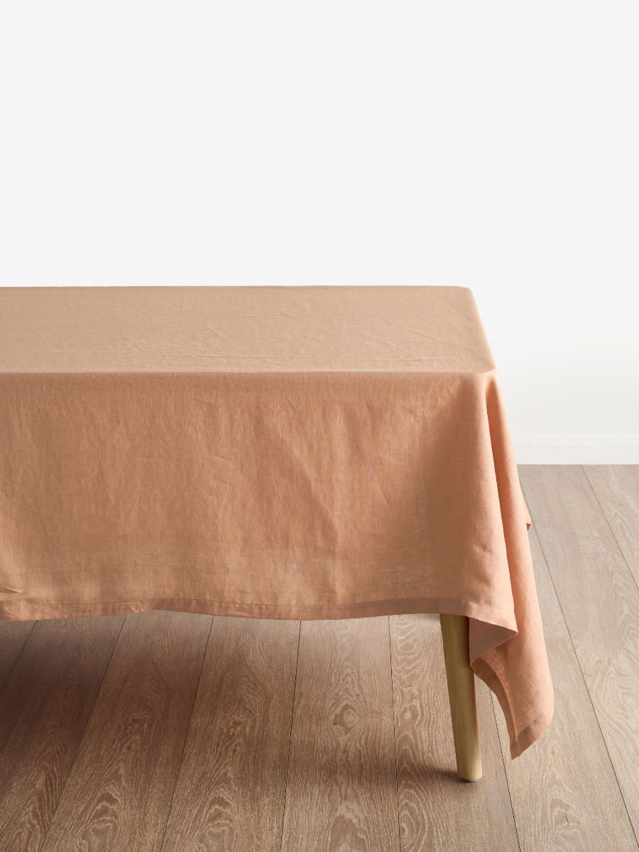 Dusty Peach Linen Table Cloth styled for breakfast