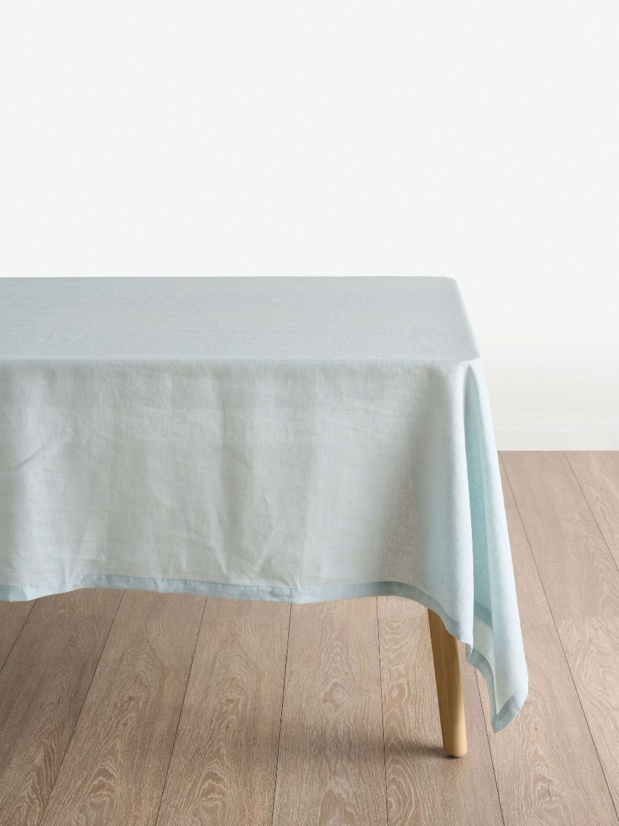 Powder Blue Linen Table Cloth styled for breakfast