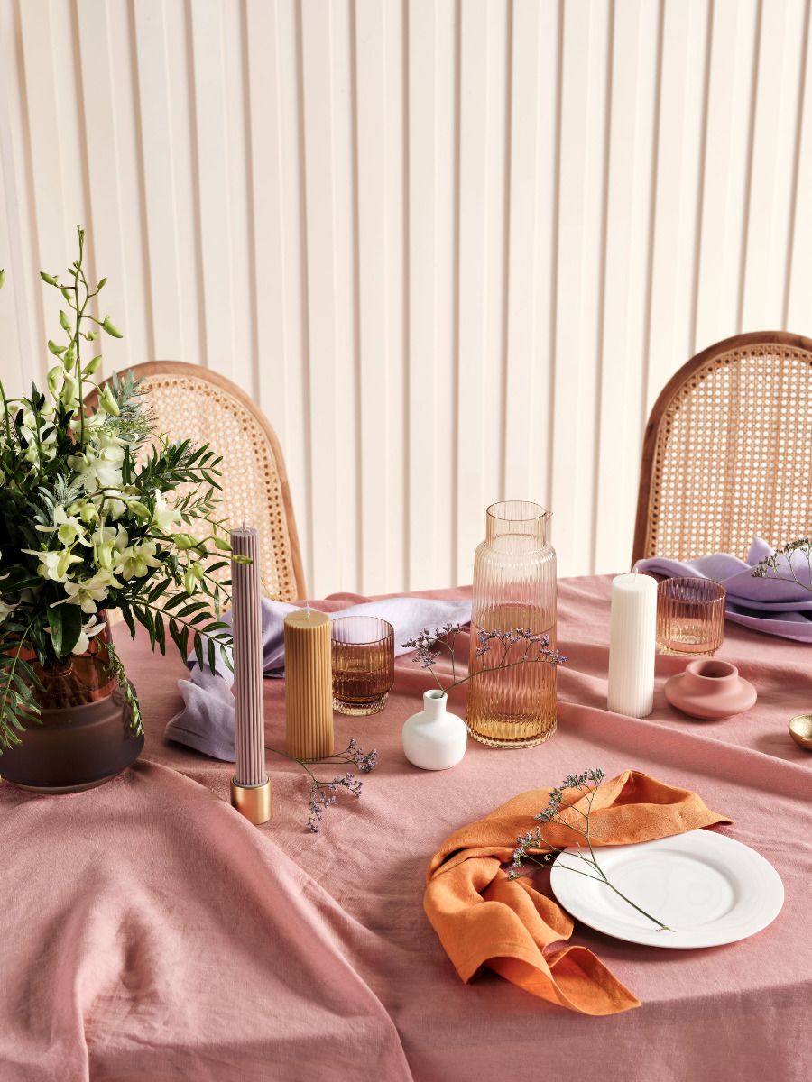 Coral Linen Table Cloth styled for breakfast