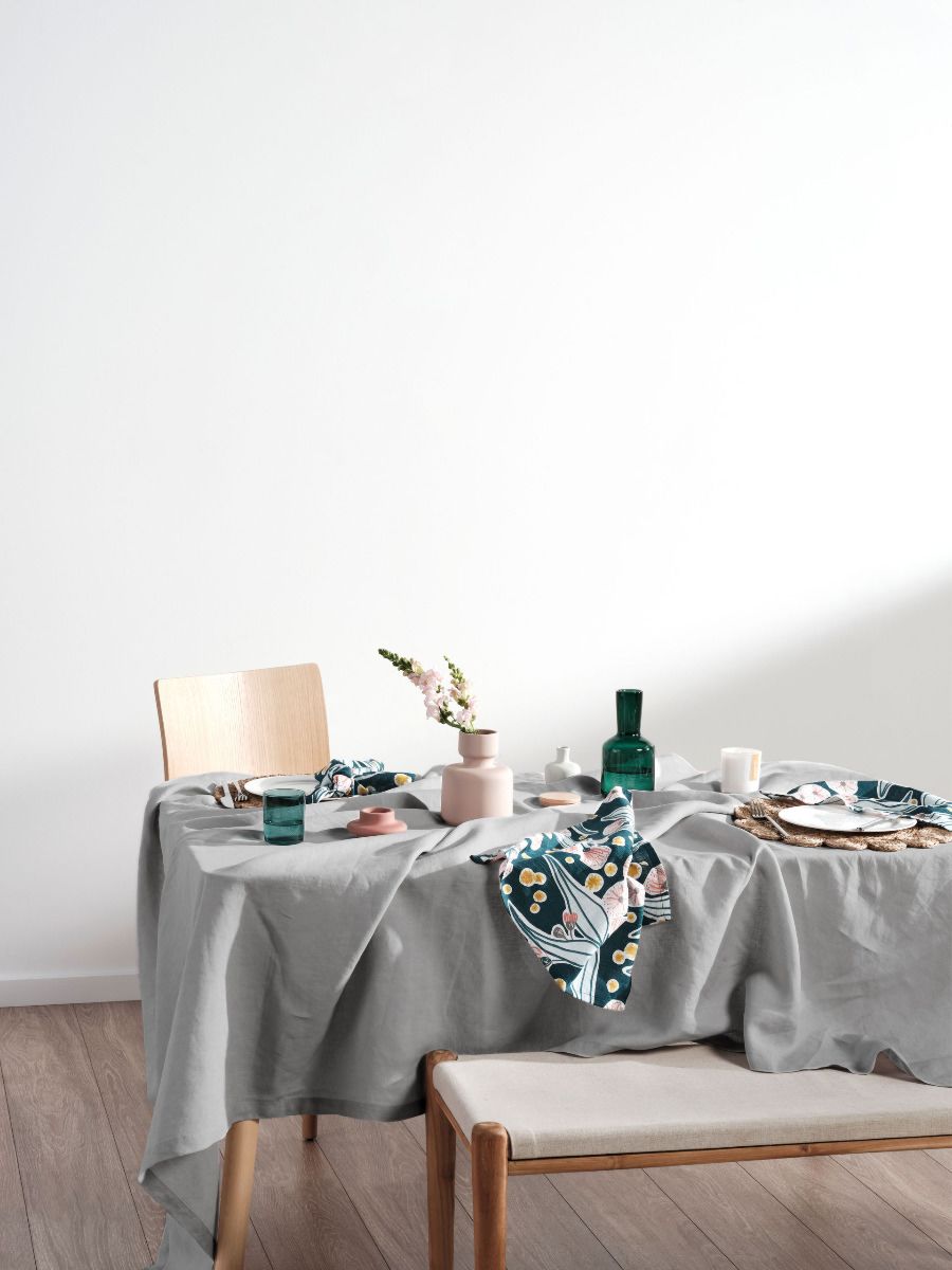 Grey Linen Table Cloth styled for breakfast