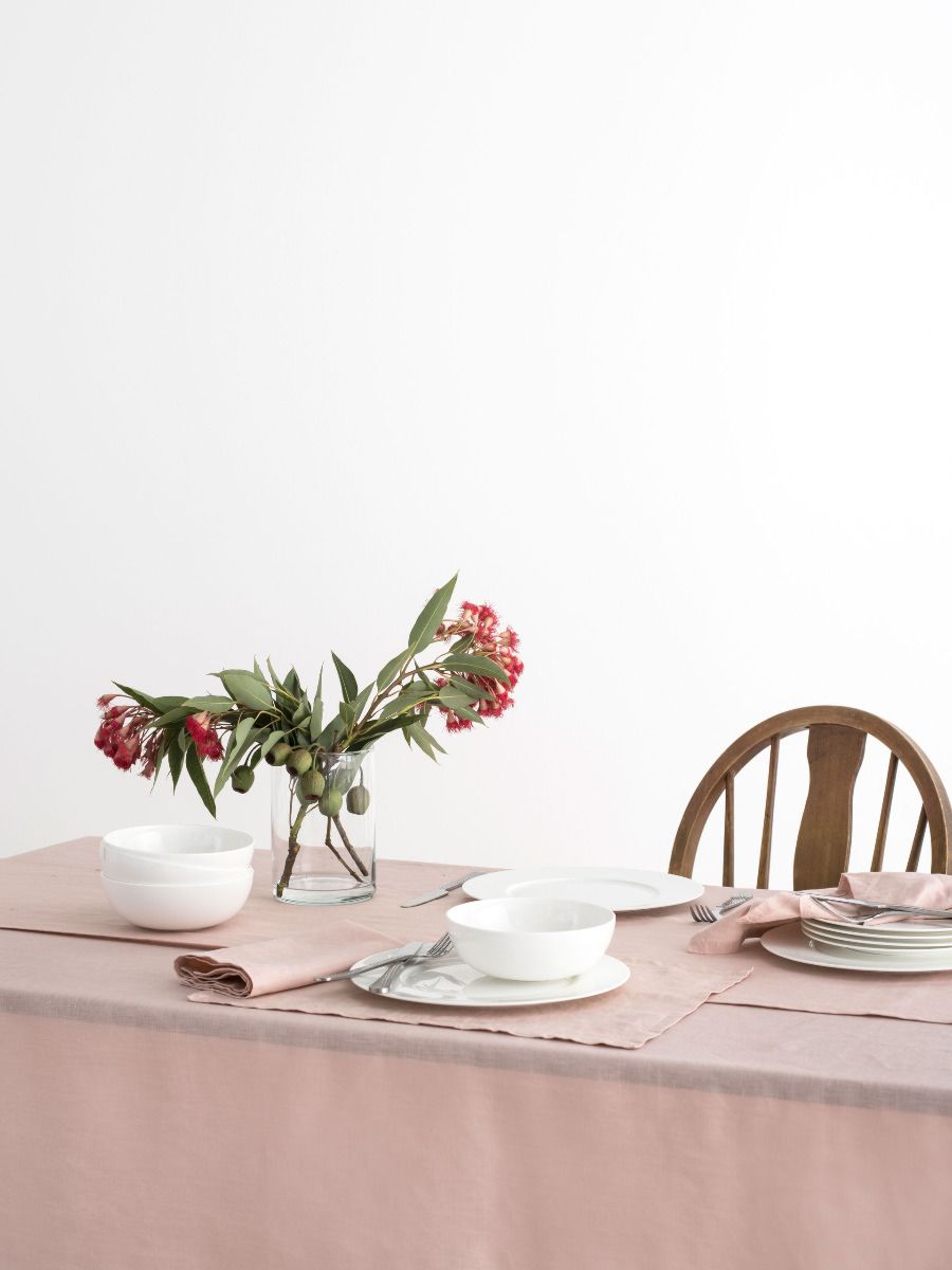 Rose Pink Linen Table Cloth styled for Sunday lunch