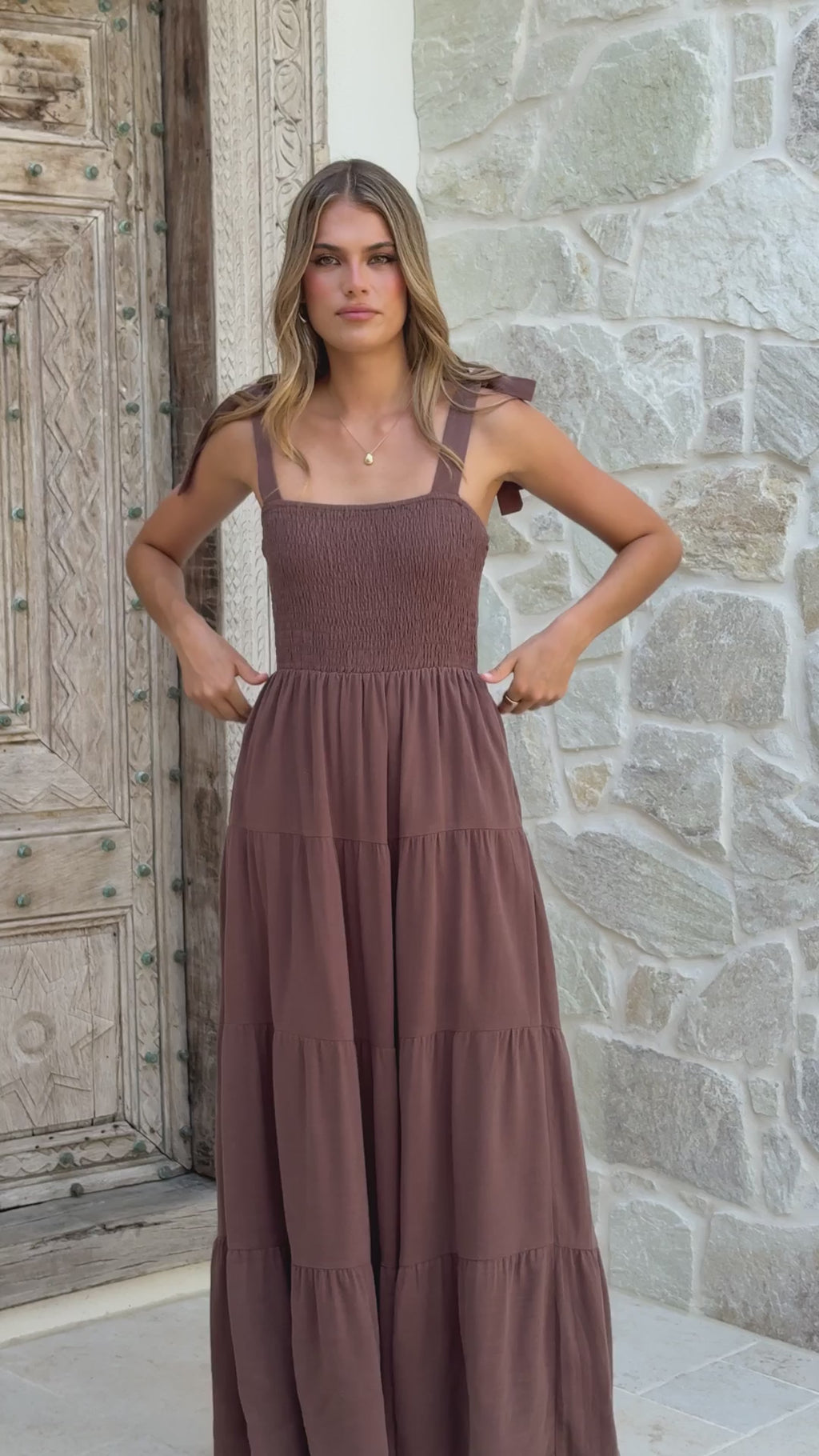 Chocolate Brown European Linen Smocked Tie Strap Maxi Dress
