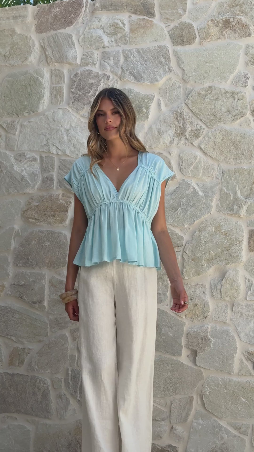 Sky Blue Linen Peplum Top with Gathered Sleeves