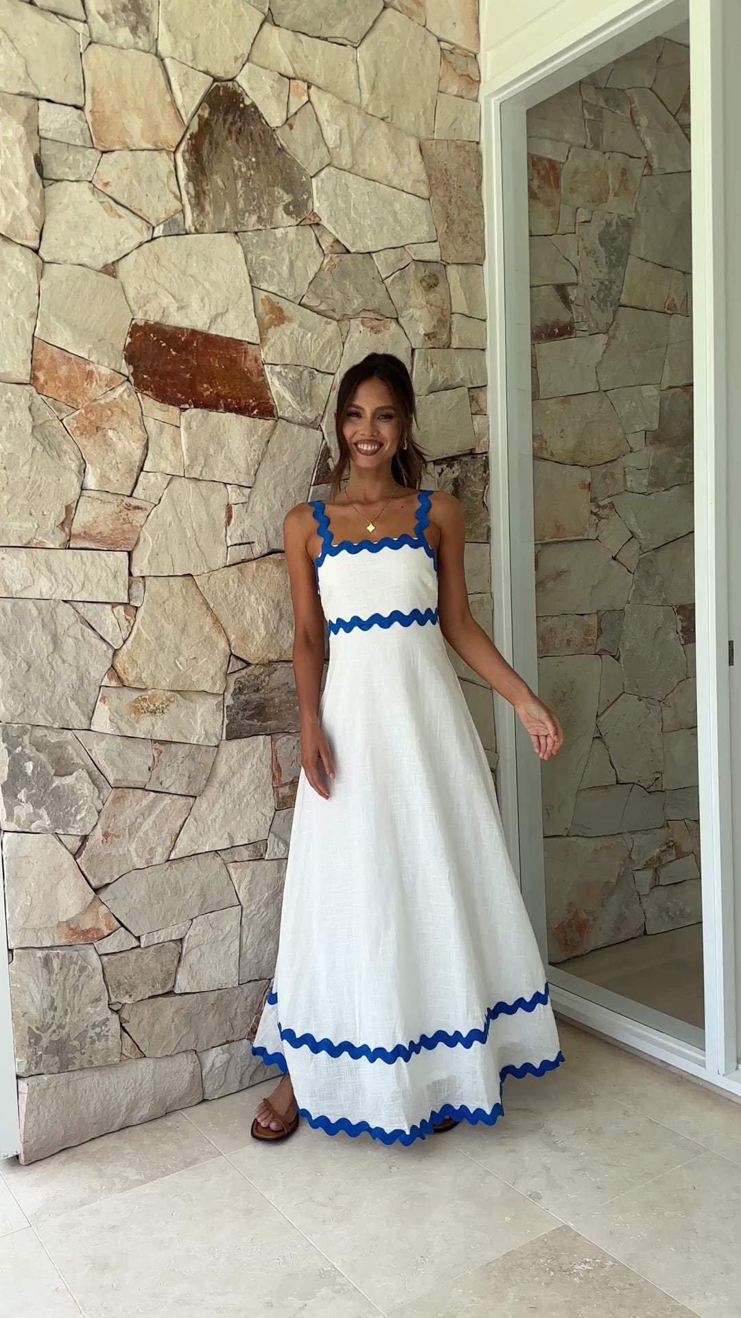White Linen Dress with Royal Blue Zigzag Trim