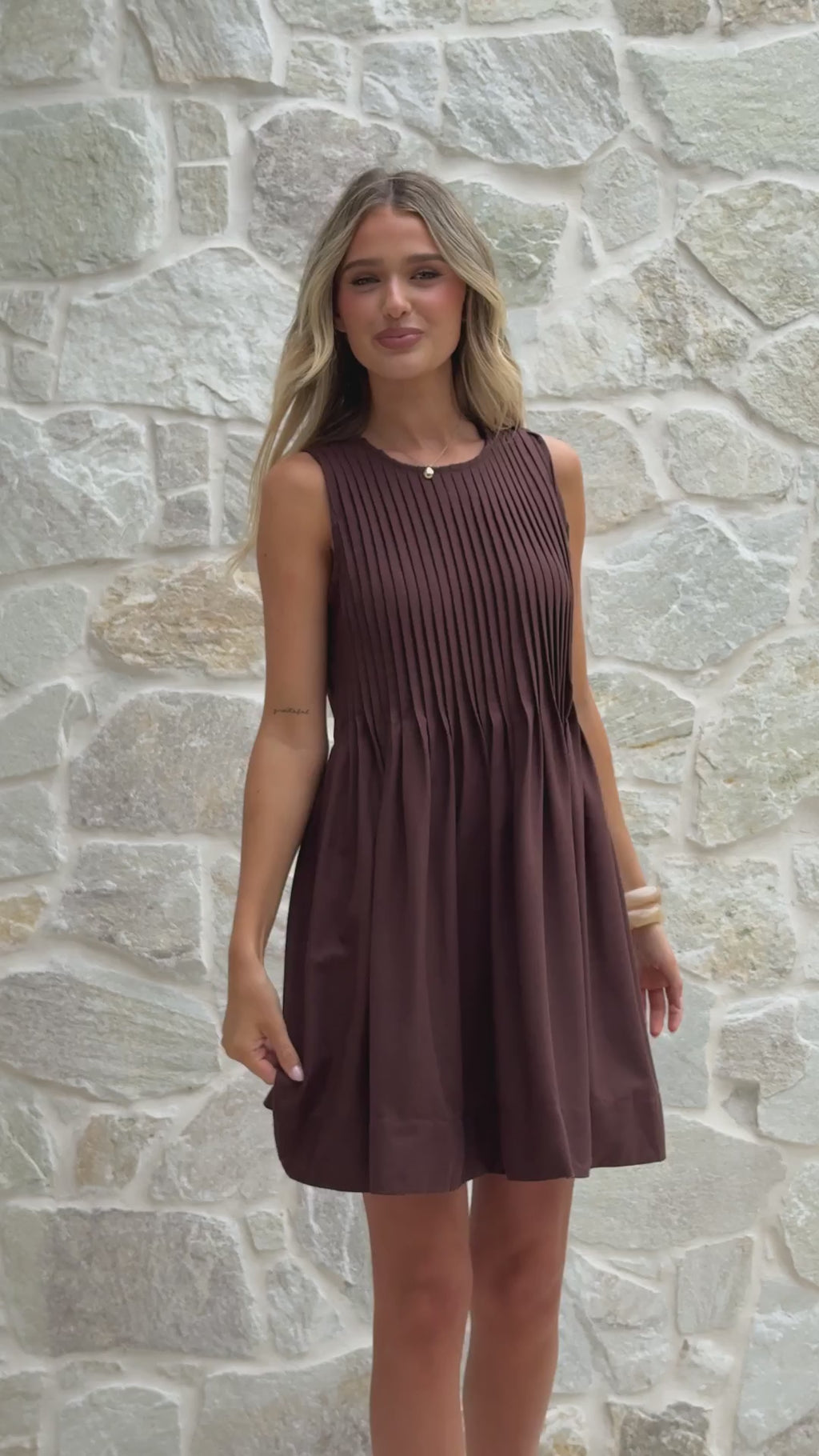 Chocolate Brown Pleated Linen Mini Dress