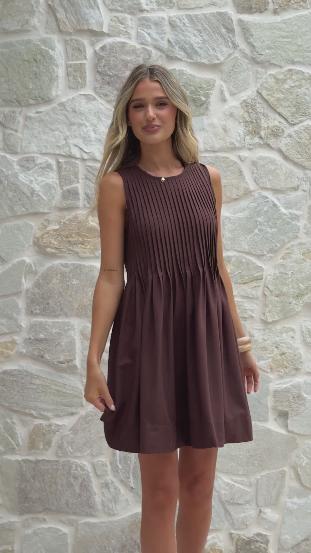 Chocolate Brown Pleated Linen Mini Dress