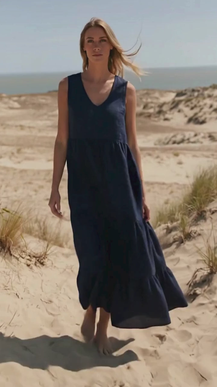 Navy Blue Linen Tiered Maxi Dress