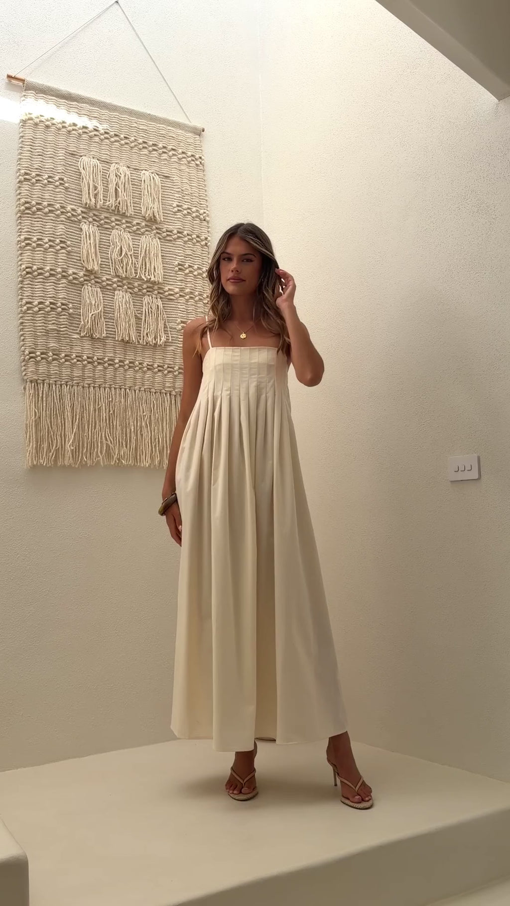 Ivory Linen Pleated Maxi Dress