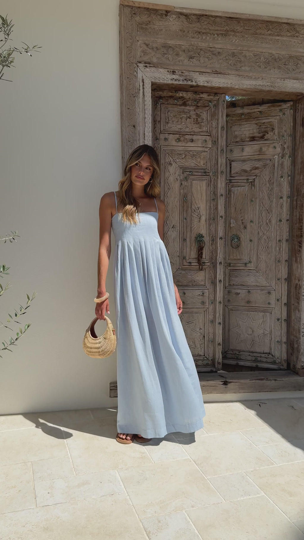 Powder Blue Linen Maxi Dress – Pleated Front