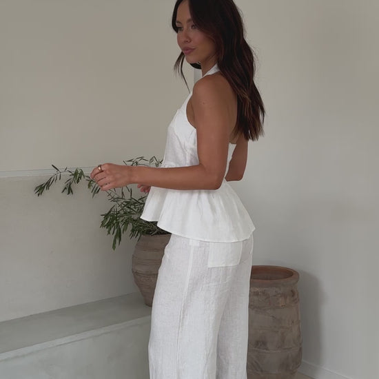 white linen halter peplum top with matching linen pants