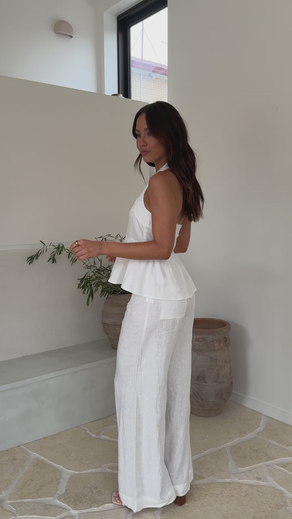  white linen halter peplum top with matching linen pants