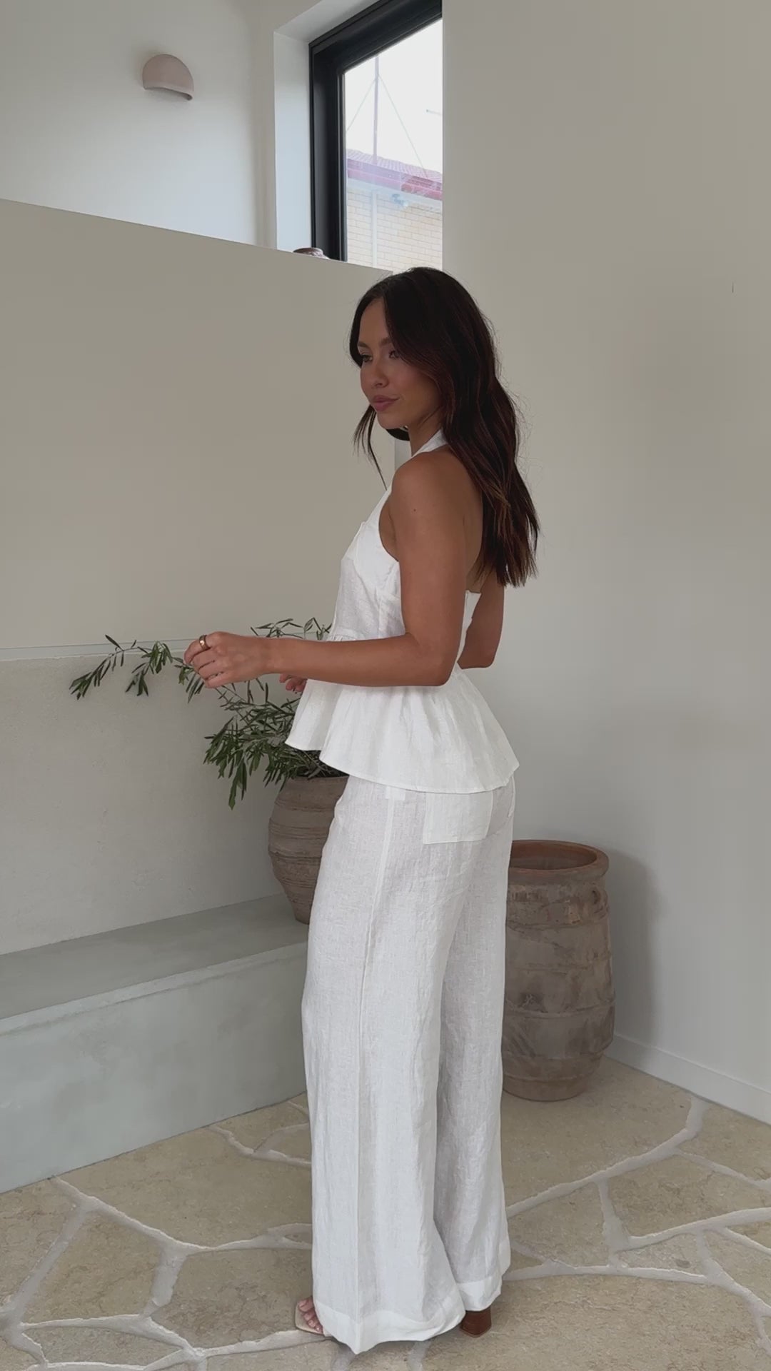  white linen halter peplum top with matching linen pants