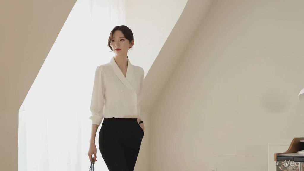 Chemise habillée croisée à col châle et manches bouffantes