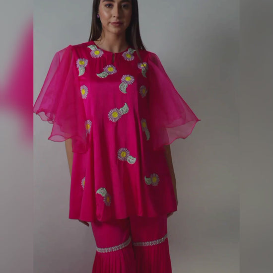 Hot Pink Satin Sharara Set: Intricate Hand-Embroidery and Versatile Design